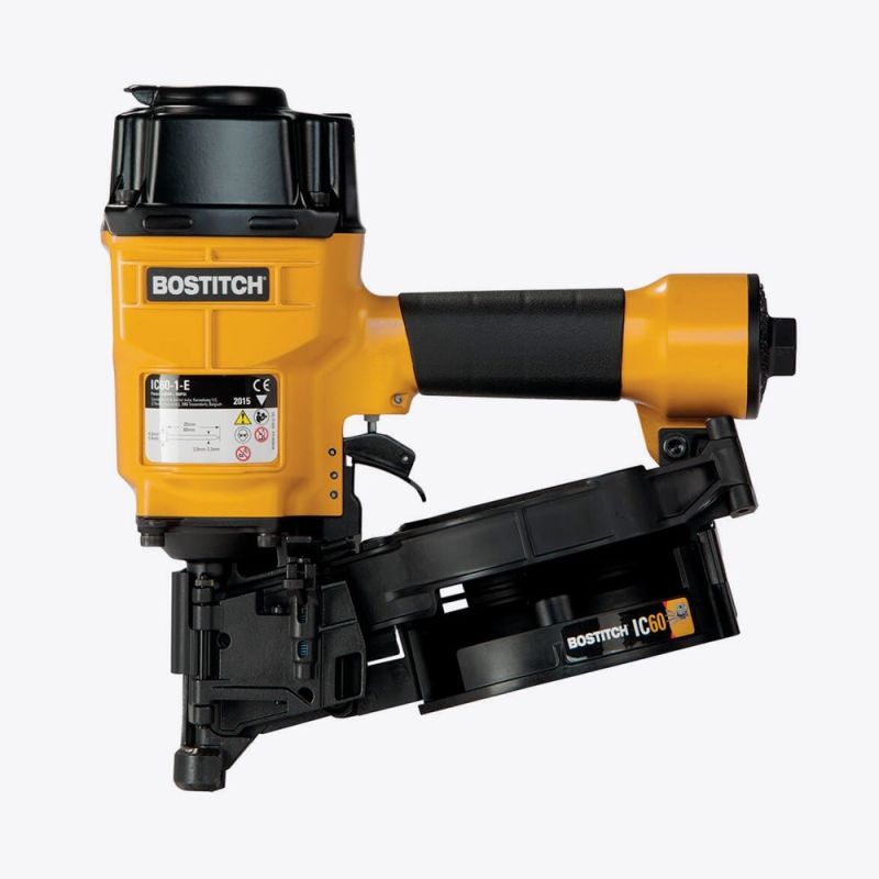 Bostitch IC60-1-E CT 60mm max coil nailer – powerful tool for roofing, siding, and fencing, with a 300-nail capacity and tool-free depth adjustment.