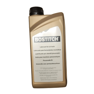 1 litre bottle of Bostitch SB32 tool oil for pneumatic tools, used to reduce wear and prevent rust.