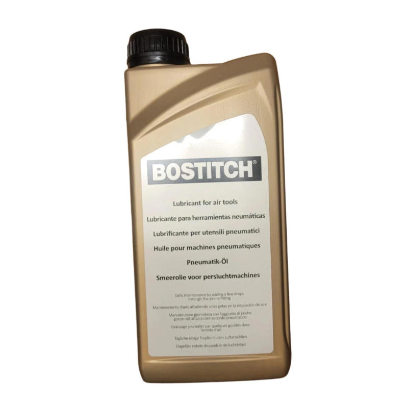 1 litre bottle of Bostitch SB32 tool oil for pneumatic tools, used to reduce wear and prevent rust.
